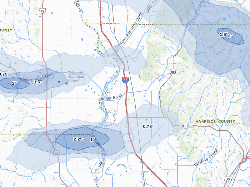 NEXRAD radar-signature map of the hail storm over Mondamin, IA on Jul 8, 2026