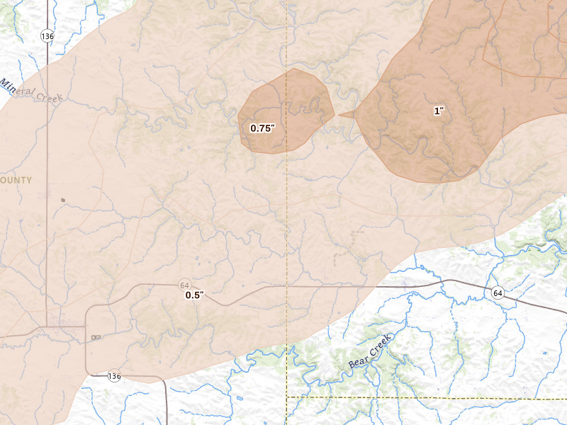 Radar-estimated hail-size map of the storm over Monmouth, IA on Apr 17, 2026
