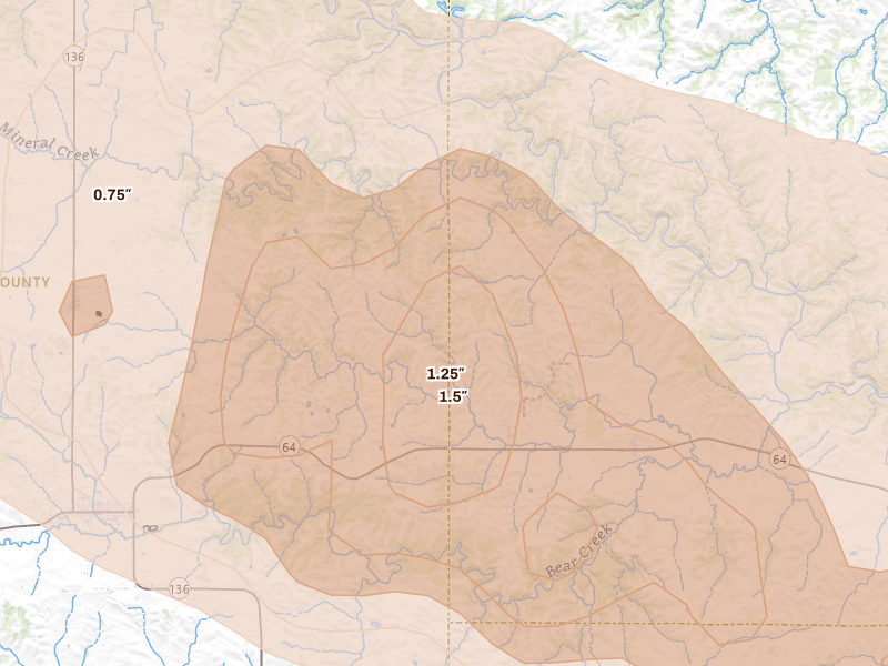 Radar-estimated hail-size map of the storm over Monmouth, IA on Jun 28, 2026