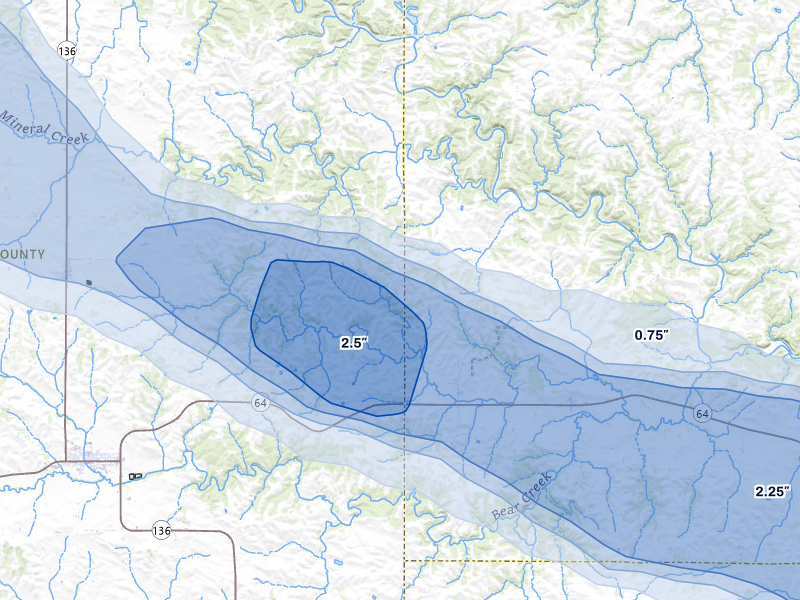 NEXRAD radar-signature map of the hail storm over Monmouth, IA on Jun 28, 2026
