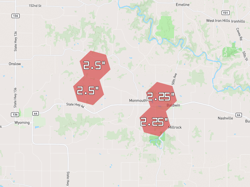 Hail map of Monmouth, IA on Jun 28, 2026, hail up to 2.5"