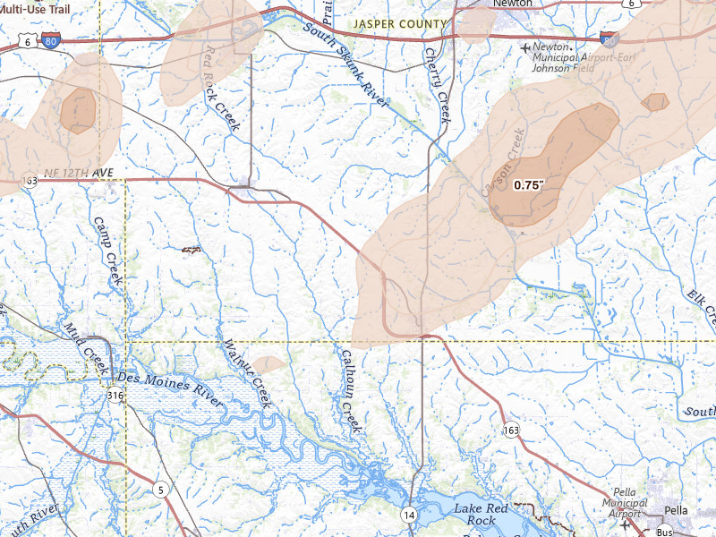 Radar-estimated hail-size map of the storm over Monroe, IA on Apr 17, 2026