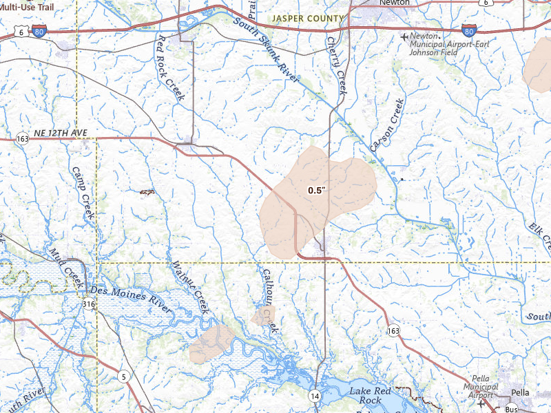 Radar-estimated hail-size map of the storm over Monroe, IA on May 15, 2026