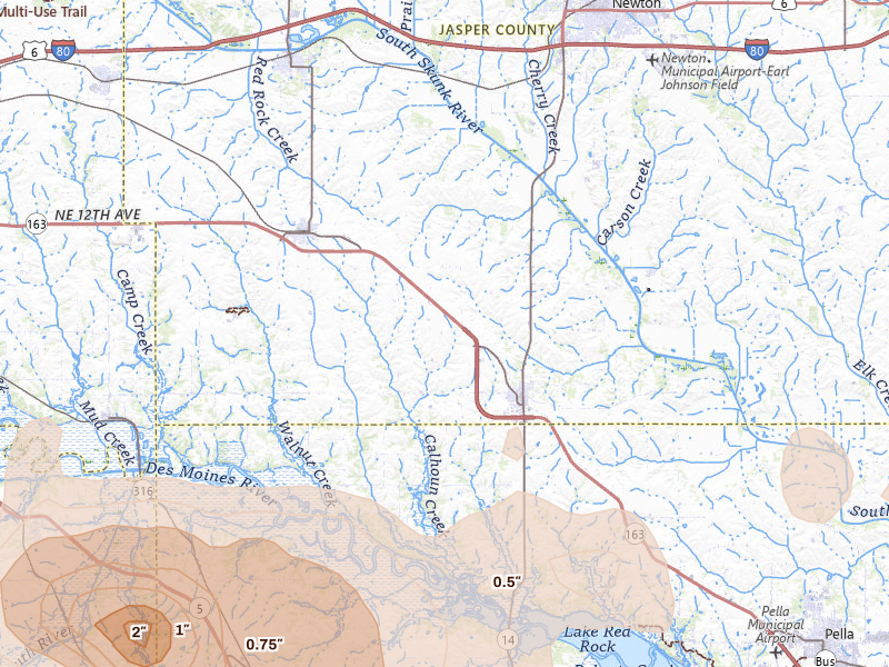 Radar-estimated hail-size map of the storm over Monroe, IA on Jun 5, 2026