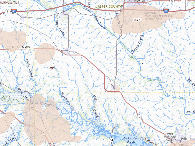 Radar-estimated hail-size map of the storm over Monroe, IA on Jun 10, 2026