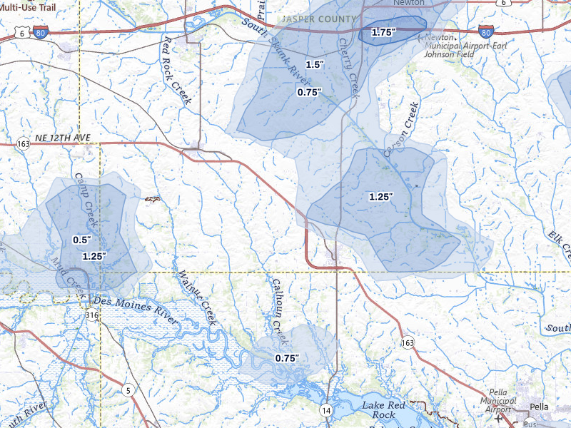 NEXRAD radar-signature map of the hail storm over Monroe, IA on Jul 3, 2026