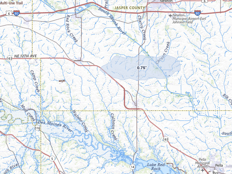 NEXRAD radar-signature map of the hail storm over Monroe, IA on Jul 10, 2026