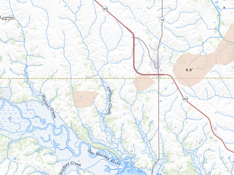Radar-estimated hail-size map of the storm over Monroe, IA on Aug 13, 2026