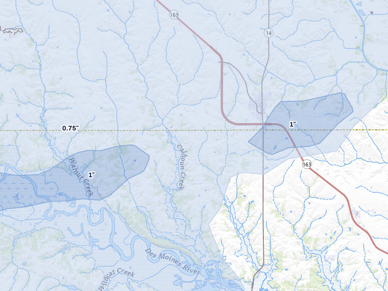 NEXRAD radar-signature map of the hail storm over Monroe, IA on Aug 13, 2026