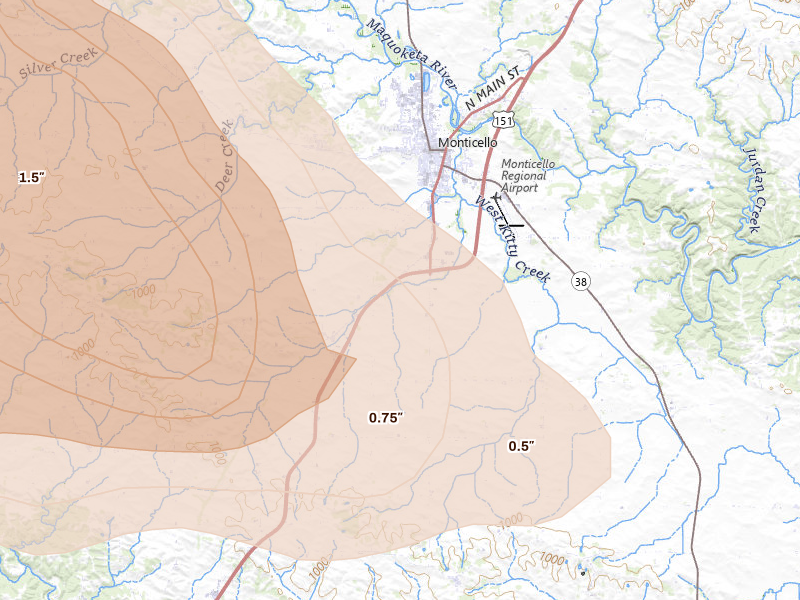 Radar-estimated hail-size map of the storm over Monticello, IA on Aug 7, 2026