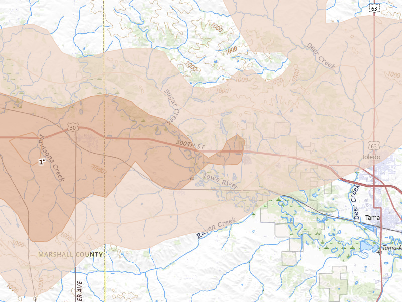 Radar-estimated hail-size map of the storm over Montour, IA