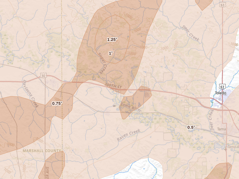Radar-estimated hail-size map of the storm over Montour, IA on Apr 17, 2026