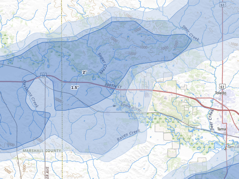 NEXRAD radar-signature map of the hail over Montour, IA
