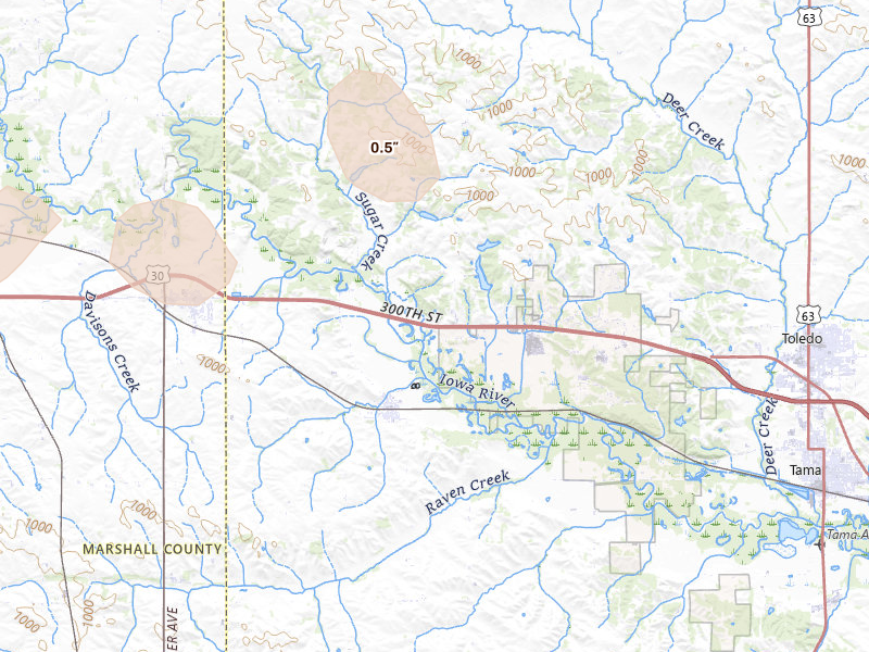 Radar-estimated hail-size map of the storm over Montour, IA on Jun 28, 2026