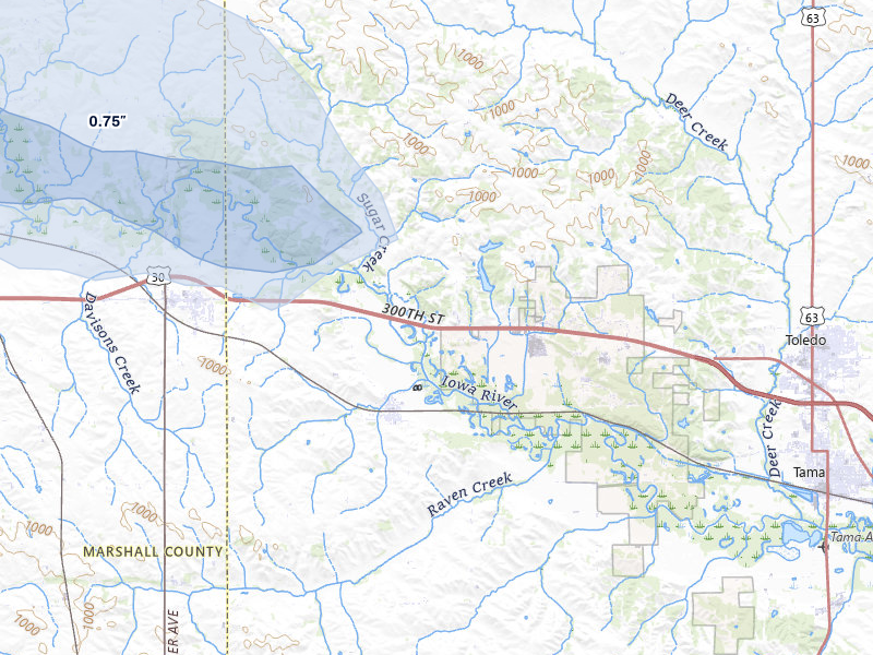 NEXRAD radar-signature map of the hail storm over Montour, IA on Jun 28, 2026