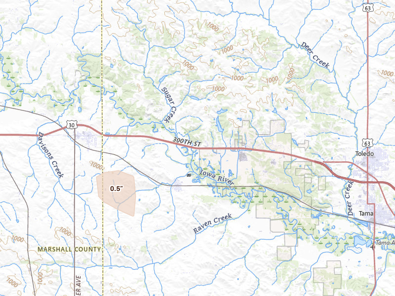 Radar-estimated hail-size map of the storm over Montour, IA on Jul 2, 2026