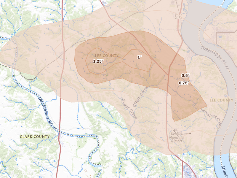 Radar-estimated hail-size map of the storm over Montrose, IA on Aug 14, 2026