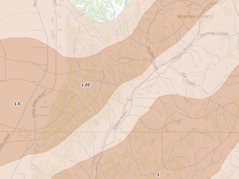 Radar-estimated hail-size map of the storm over Moorhead, IA on Apr 23, 2026