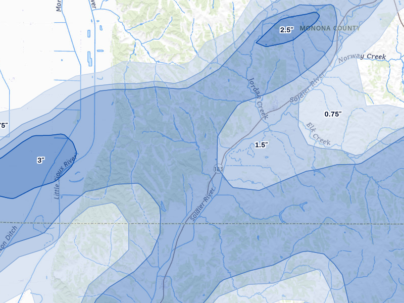 NEXRAD radar-signature map of the hail over Moorhead, IA