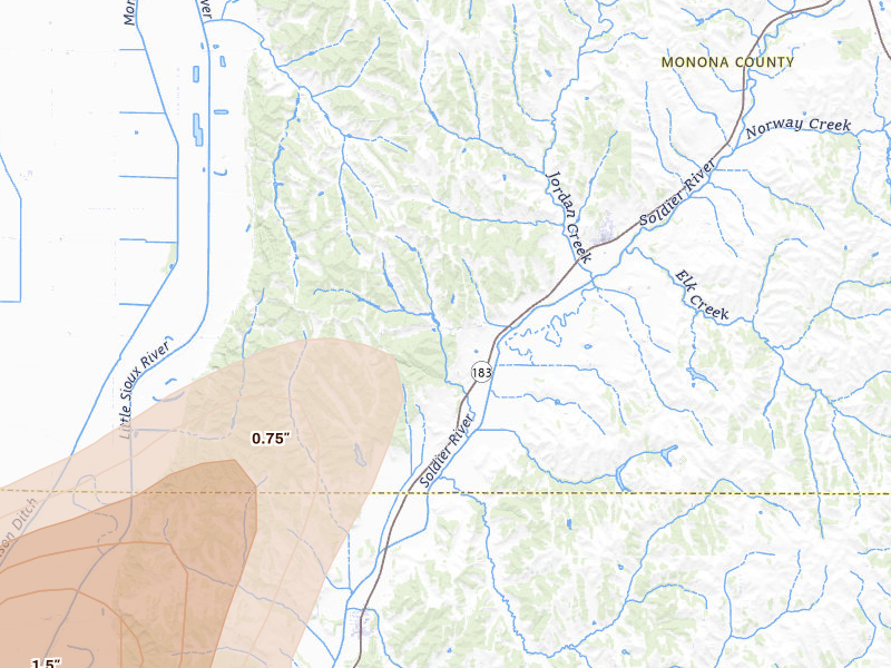 Radar-estimated hail-size map of the storm over Moorhead, IA on May 31, 2026