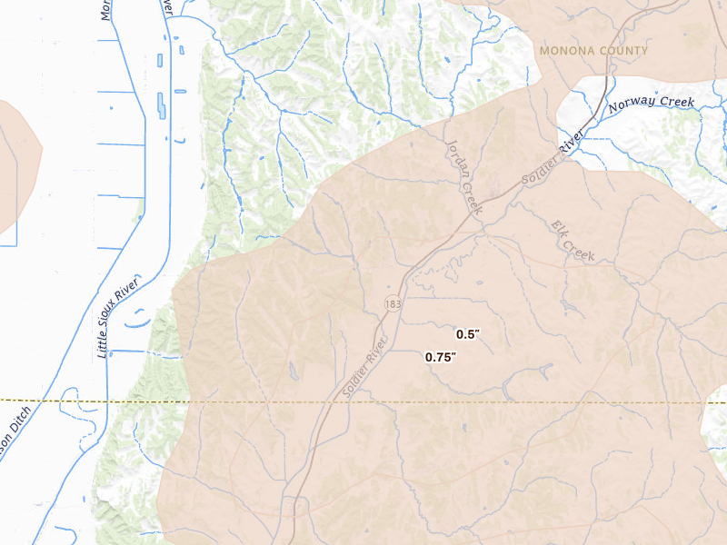 Radar-estimated hail-size map of the storm over Moorhead, IA on Jul 8, 2026