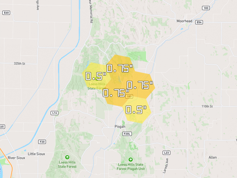 Hail map of Moorhead, IA on Jul 8, 2026, hail up to 0.75"