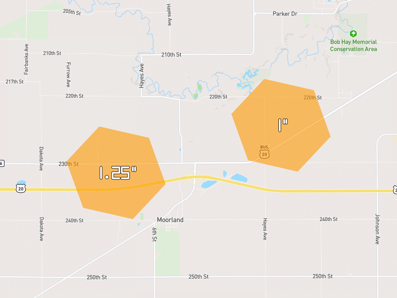 Hail map of Moorland, IA on Jul 2, 2026, hail up to 1.25"