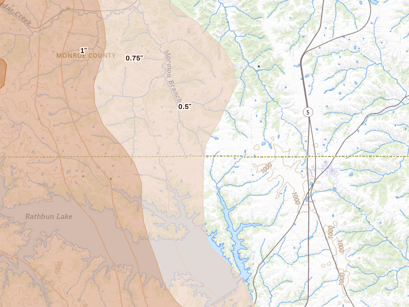 Radar-estimated hail-size map of the storm over Moravia, IA on Jul 20, 2026