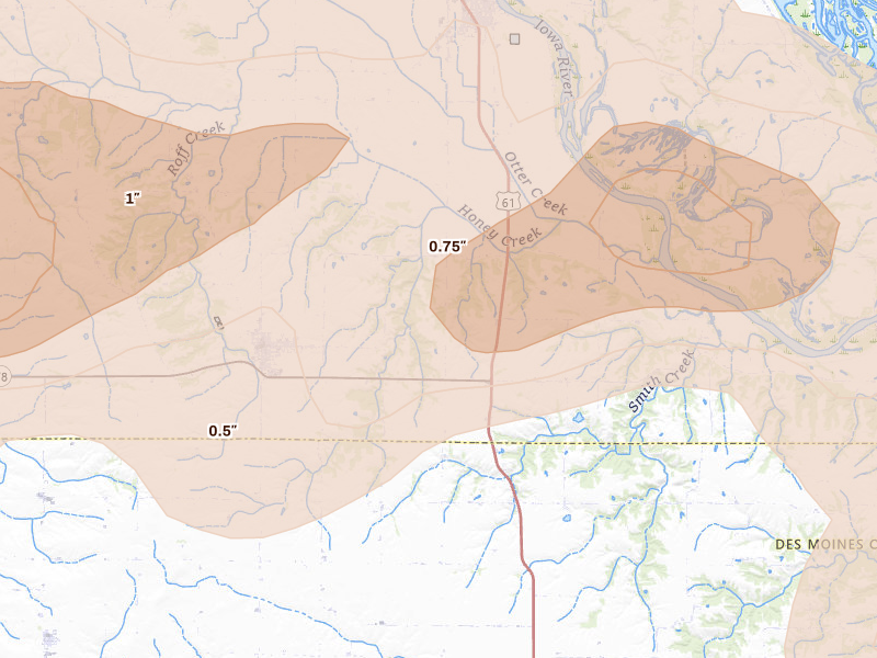 Radar-estimated hail-size map of the storm over Morning Sun, IA on Mar 10, 2026