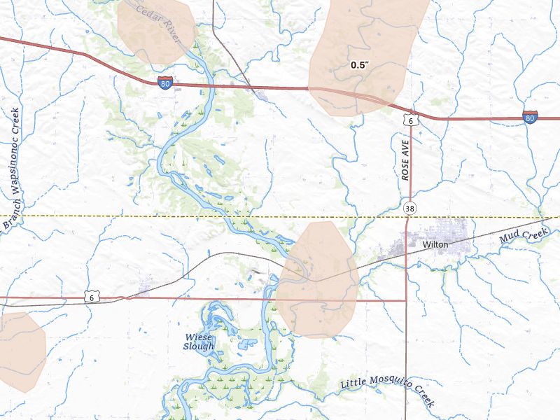 Radar-estimated hail-size map of the storm over Moscow, IA on Jun 10, 2026