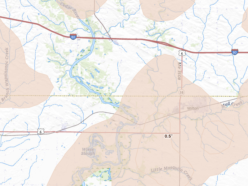 Radar-estimated hail-size map of the storm over Moscow, IA on Jul 3, 2026