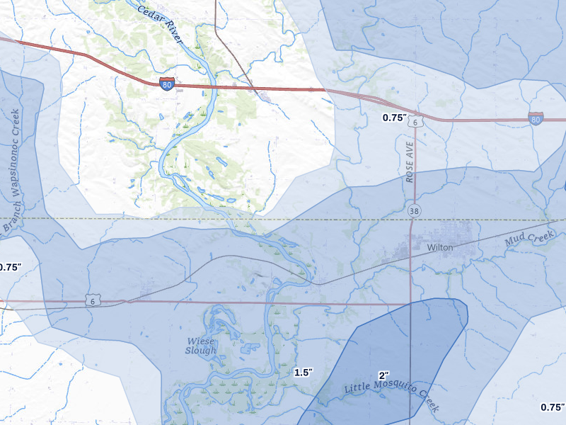 NEXRAD radar-signature map of the hail storm over Moscow, IA on Jul 3, 2026
