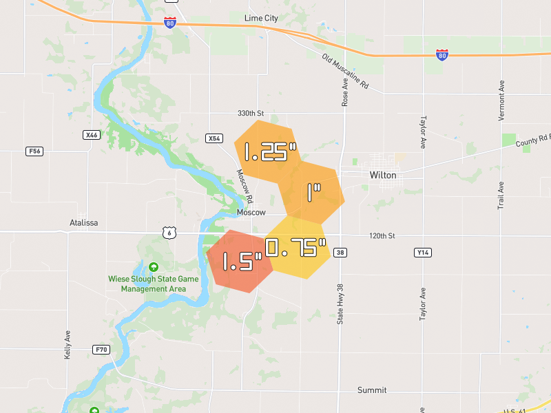 Hail map of Moscow, IA on Jul 4, 2026, hail up to 1.5"