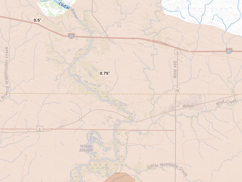 Radar-estimated hail-size map of the storm over Moscow, IA on Aug 11, 2026