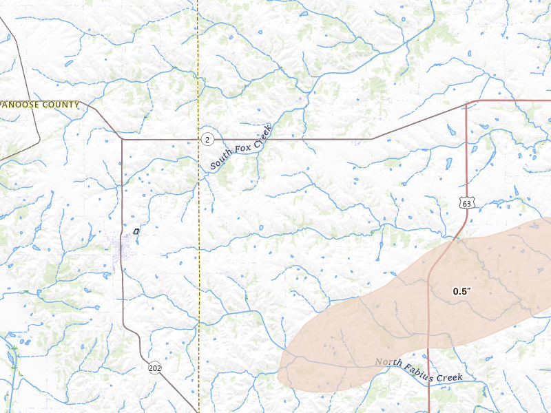 Radar-estimated hail-size map of the storm over Moulton, IA on Mar 10, 2026