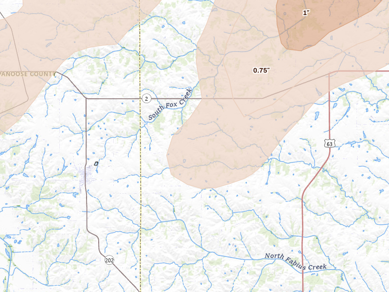 Radar-estimated hail-size map of the storm over Moulton, IA on Apr 17, 2026