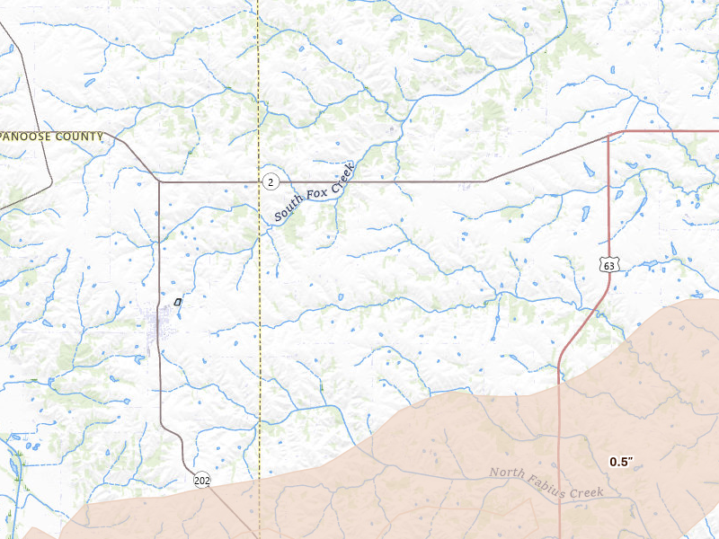 Radar-estimated hail-size map of the storm over Moulton, IA on Jun 11, 2026