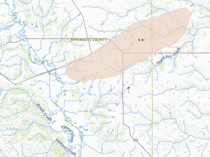 Radar-estimated hail-size map of the storm over Moulton, IA on Aug 13, 2026