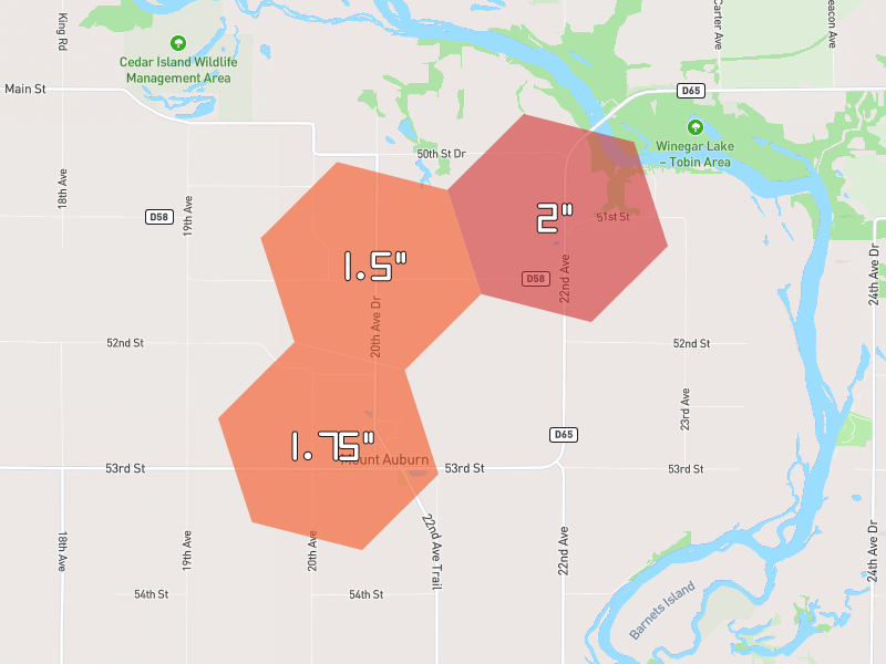 Hail map of Mount Auburn, IA on Jul 2, 2026, hail up to 2"