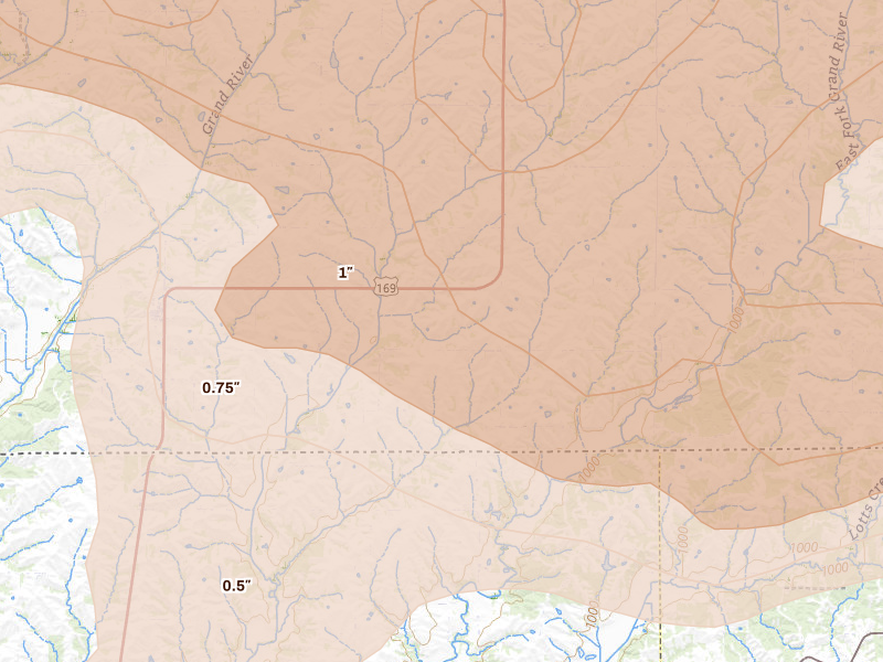 Radar-estimated hail-size map of the storm over Mount Ayr, IA on May 16, 2026