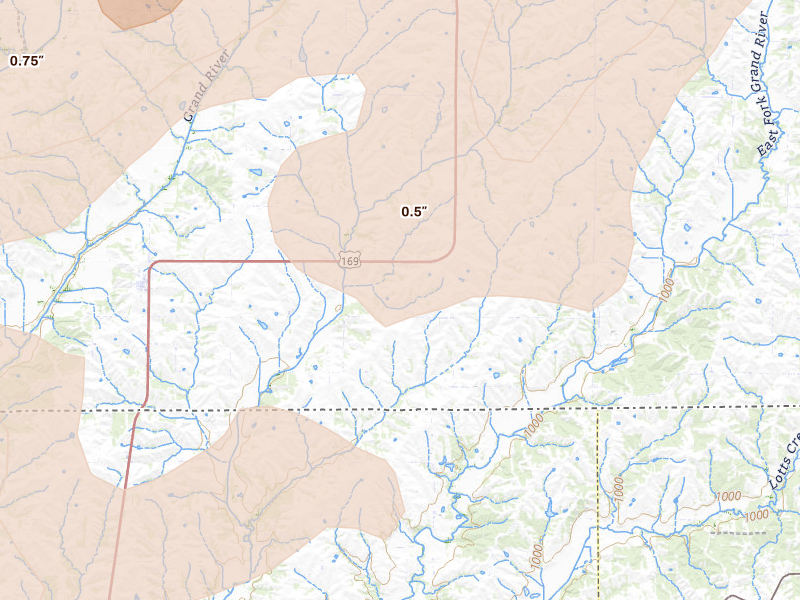Radar-estimated hail-size map of the storm over Mount Ayr, IA on May 18, 2026