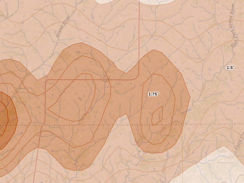 Radar-estimated hail-size map of the storm over Mount Ayr, IA on Jun 11, 2026