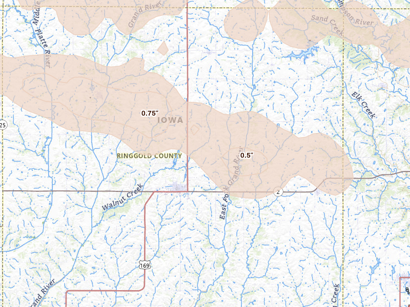 Radar-estimated hail-size map of the storm over Mount Ayr, IA on Aug 4, 2026