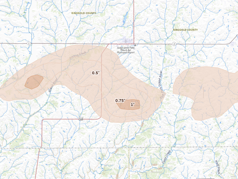 Radar-estimated hail-size map of the storm over Mount Ayr, IA on Sep 19, 2026