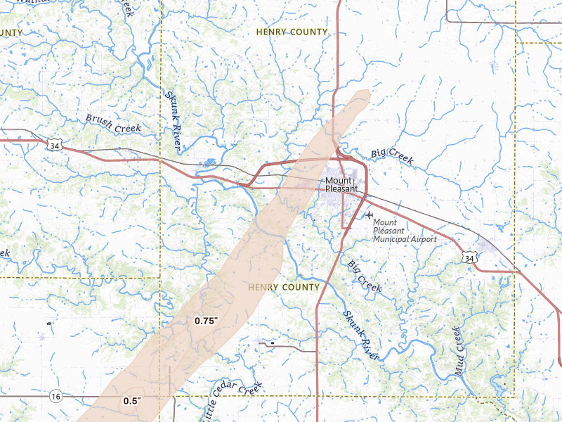 Radar-estimated hail-size map of the storm over Mount Pleasant, IA on Mar 5, 2026