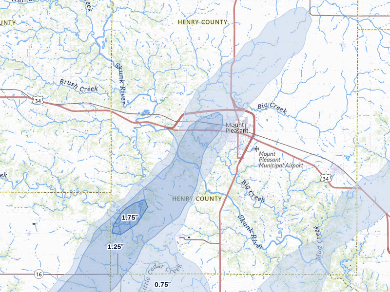NEXRAD radar-signature map of the hail storm over Mount Pleasant, IA on Mar 5, 2026