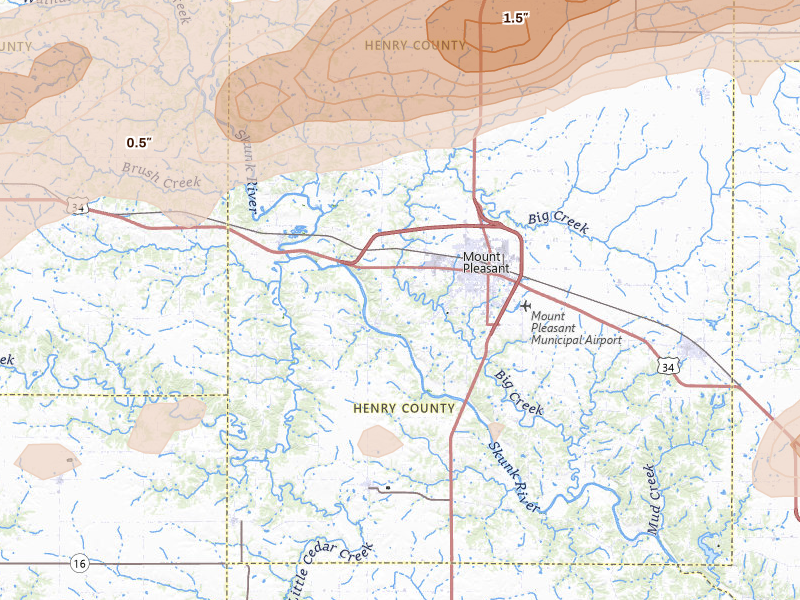 Radar-estimated hail-size map of the storm over Mount Pleasant, IA on Mar 10, 2026