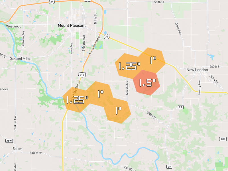 Hail map of Mount Pleasant, IA on Jul 3, 2026, hail up to 1.5"