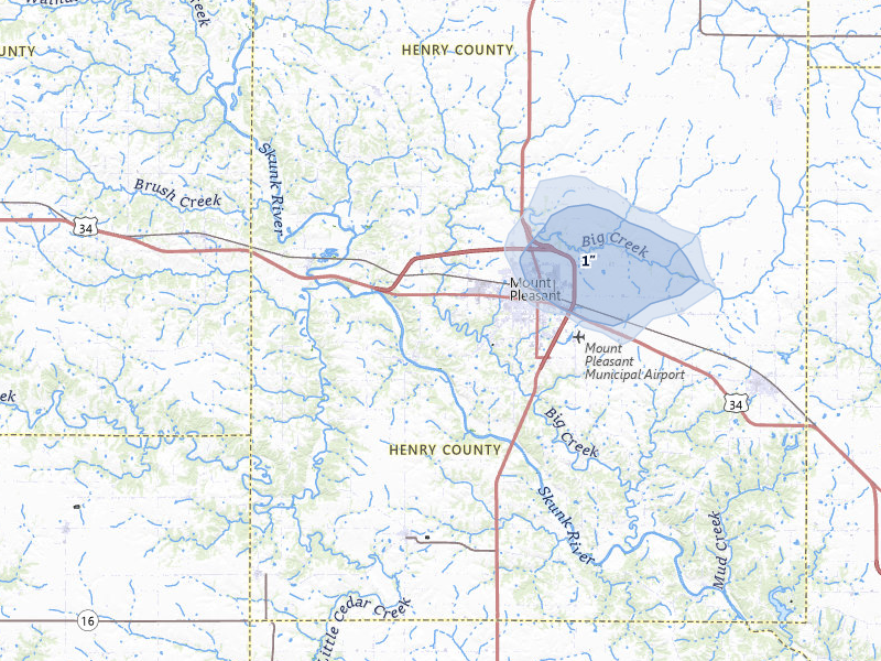 NEXRAD radar-signature map of the hail storm over Mount Pleasant, IA on Jul 10, 2026