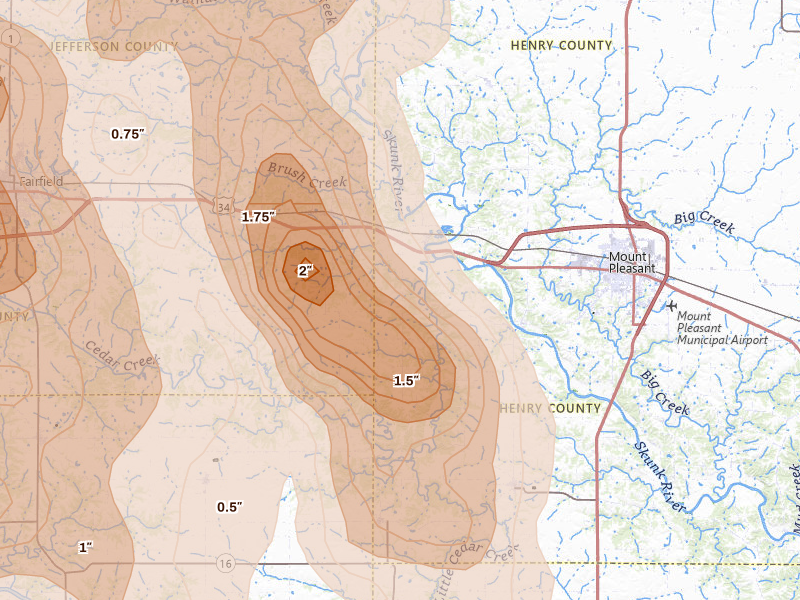 Radar-estimated hail-size map of the storm over Mount Pleasant, IA on Aug 7, 2026